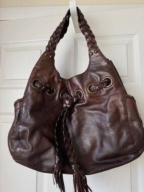 Kooba Brown Leather Hobo Shoulder Bag with Braided Straps, Tassels, Grommets